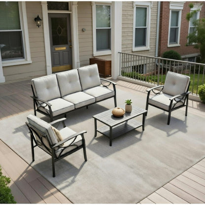Outdoor Patio Set Metal Black Gray Cushion 4 Piece Seats 5