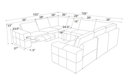 Sectional Sofa Modular Leather Match Ginger 8 Seat 2 Recliners 128 In