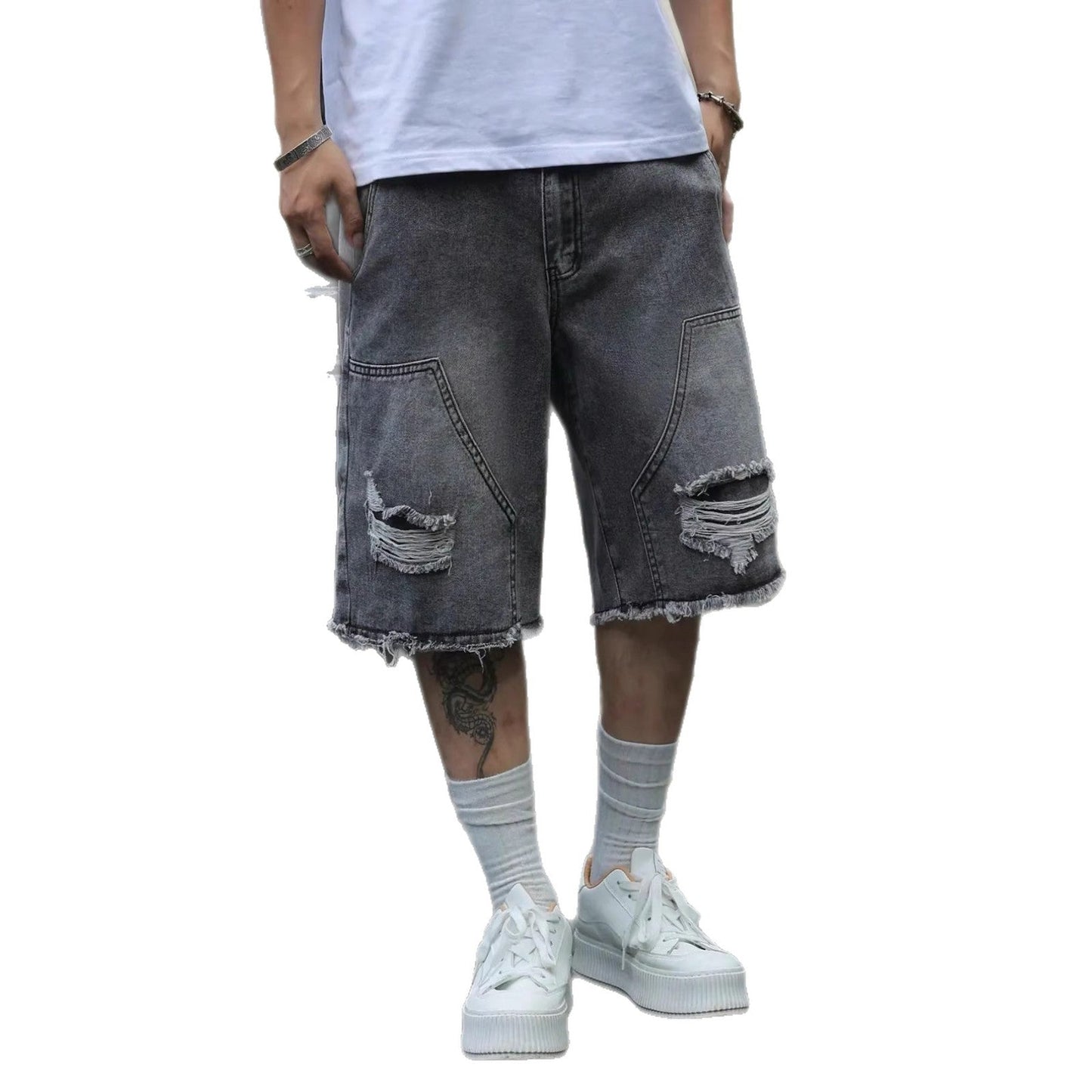 Mens Denim Shorts Straight-leg Relaxed Fit Versatile Korean Style
