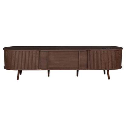 TV Stand Mid-Century Dark Brown MDF Tambour Door 2 AC 2 USB Fits 80 In TV
