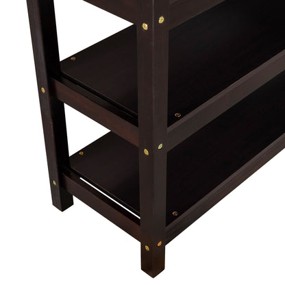 Espresso Full Size Loft Bed with Storage Shelves and Under-bed Desk, Solid Pi...