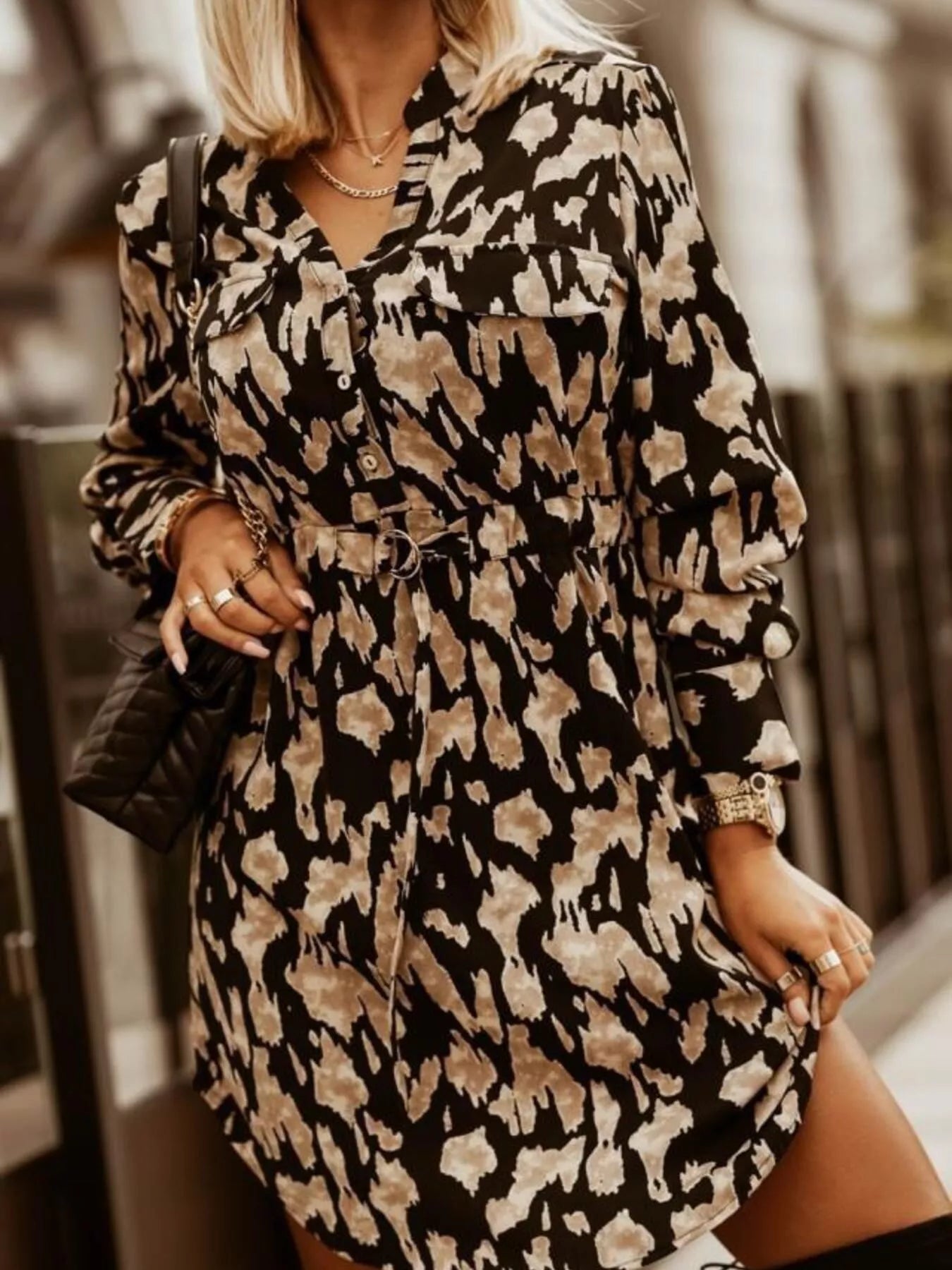 Printed Button Front Long Sleeve Dress