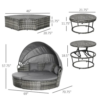 Outdoor Round Daybed Set PE Rattan Gray 4 Piece Canopy 352 lb Capacity