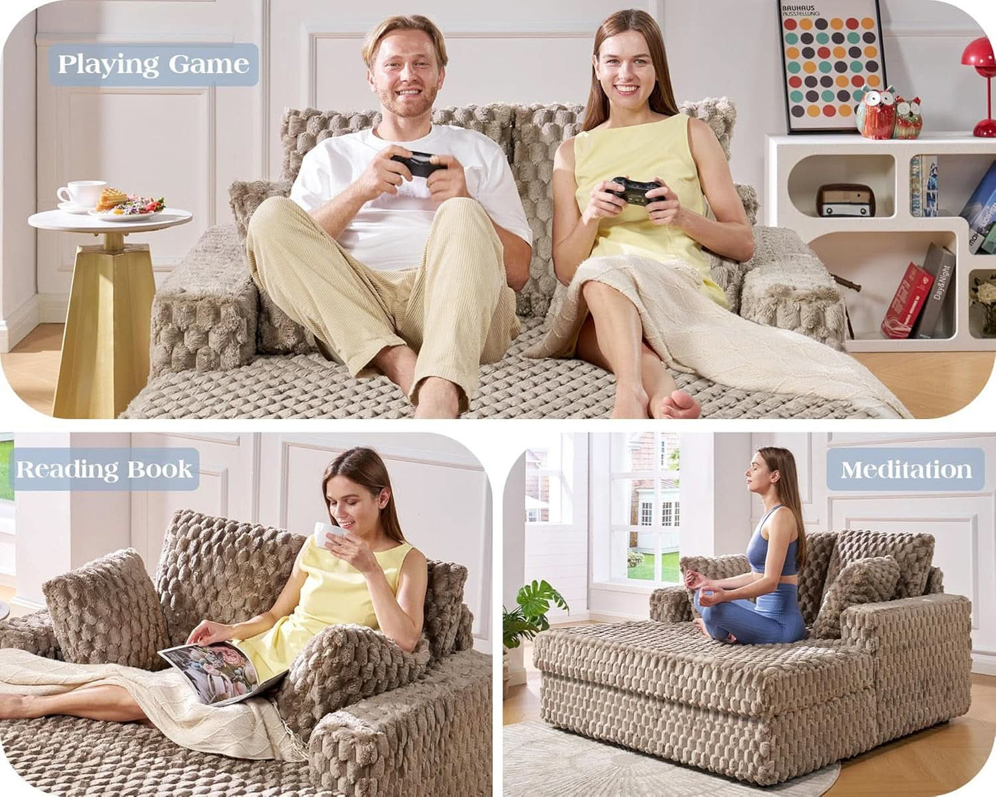 Brown Plush Sleeper Chair 53Inch Chaise Lounge With Pillows