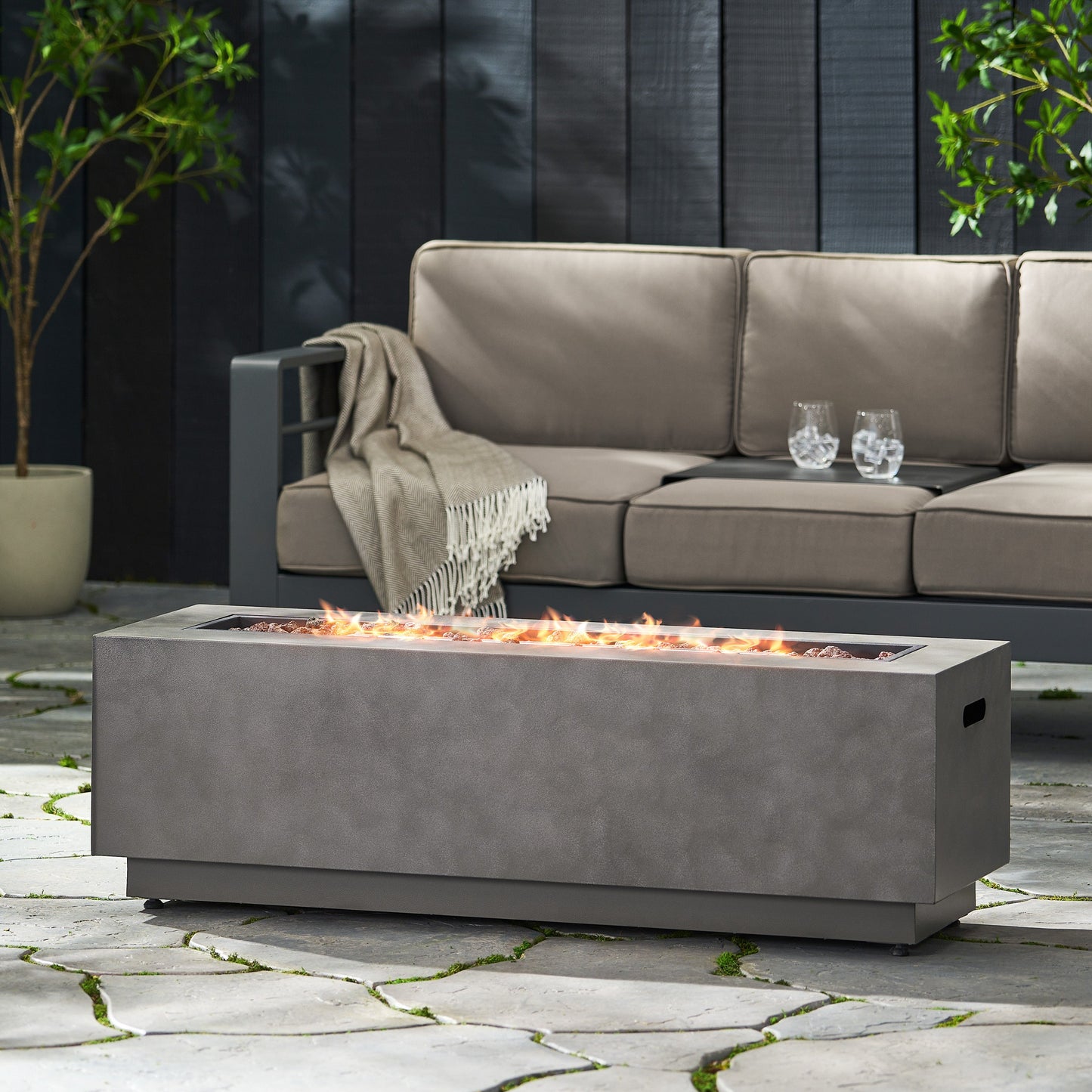 RECTANGULAR IRON FIRE PIT 50,000 BTU WITH TANK HOLDER, Stone Gray