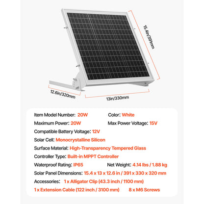 20W 12V Solar Battery Trickle Charger, MPPT Controller, IP65, Car Boat RV