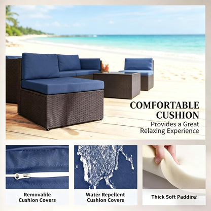 Outdoor Sectional Set PE Rattan Metal Dark Blue Black 7 Piece 264 LB