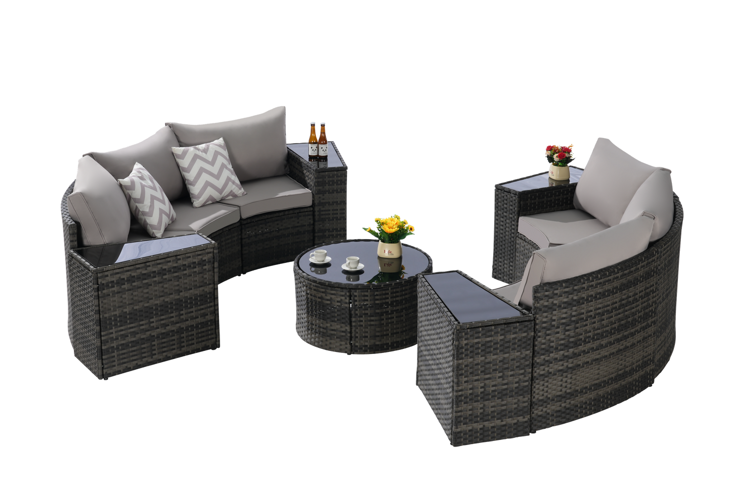 11 Piece PE Rattan Outdoor Sectional Set Light Gray