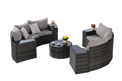11 Piece PE Rattan Outdoor Sectional Set Light Gray