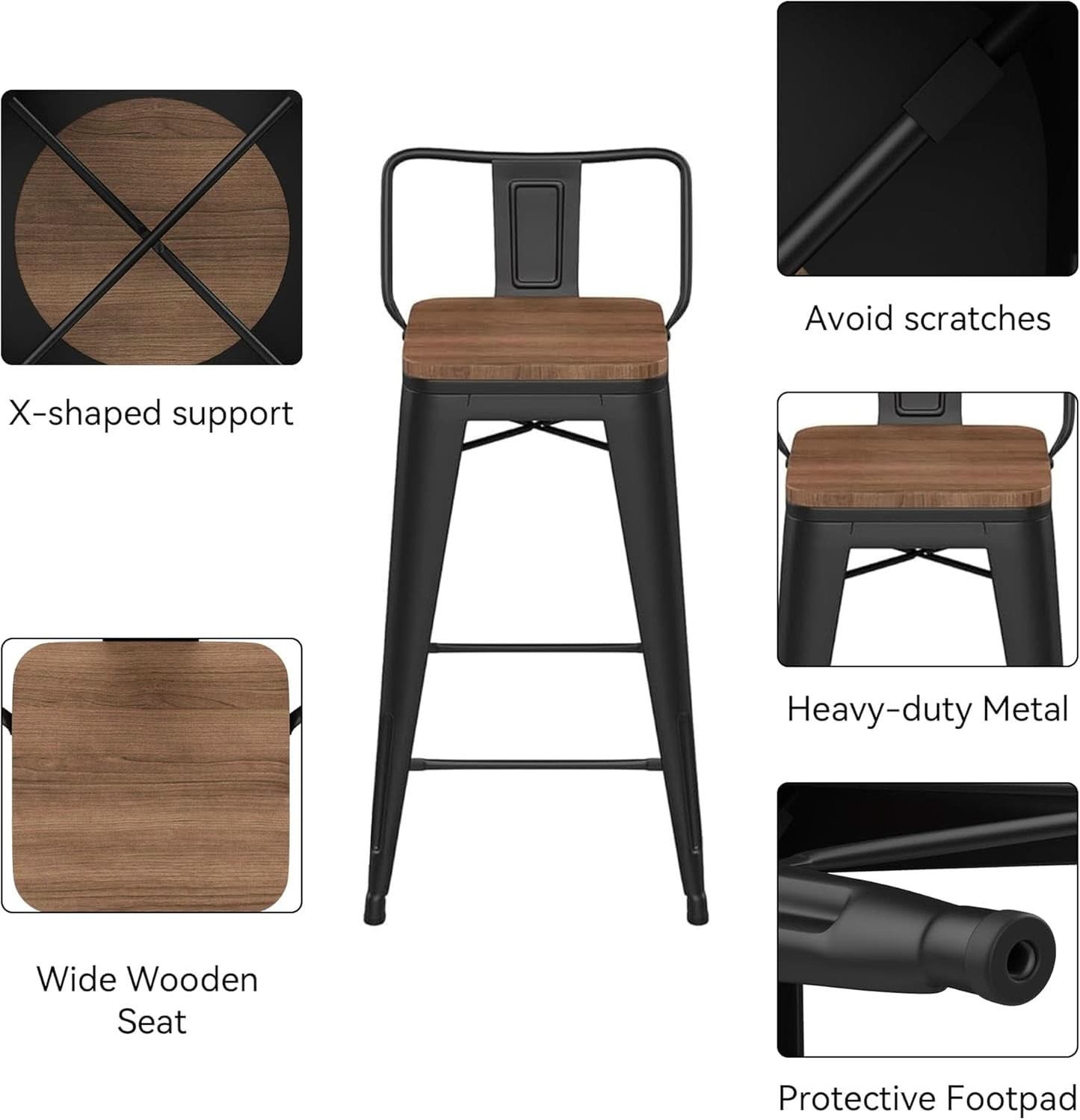 30 Inch Low Back Metal Barstools With Wooden Seat