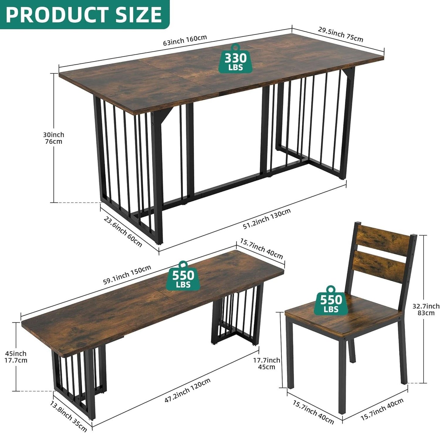 63 Inches Luxurious Farmhouse Dining Table Set Walnut