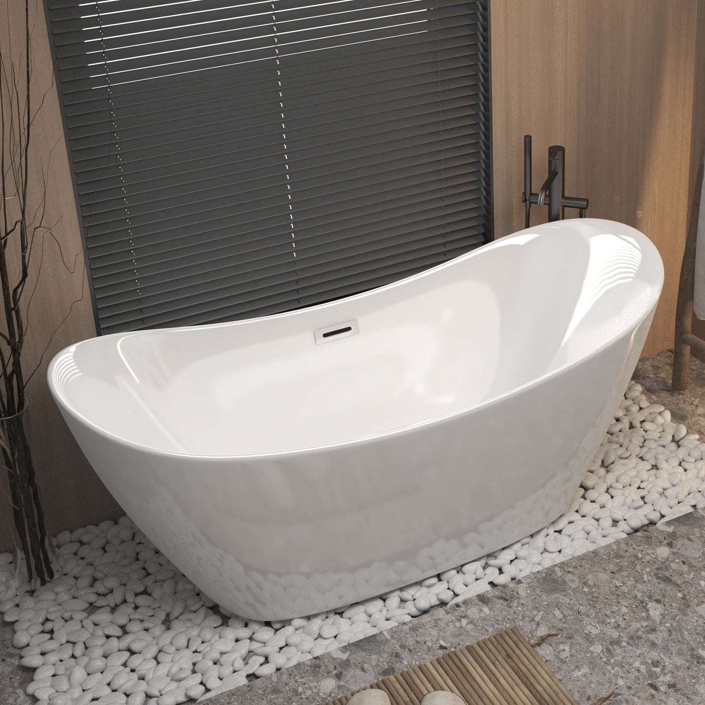 Modern Acrylic Freestanding Tub, Gloss White, Chrome Overflow and Pop-Up Drain