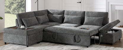 Sofa Bed L-Shape Chenille Gray 6 Seat Pull-Out USB Ports 107 In