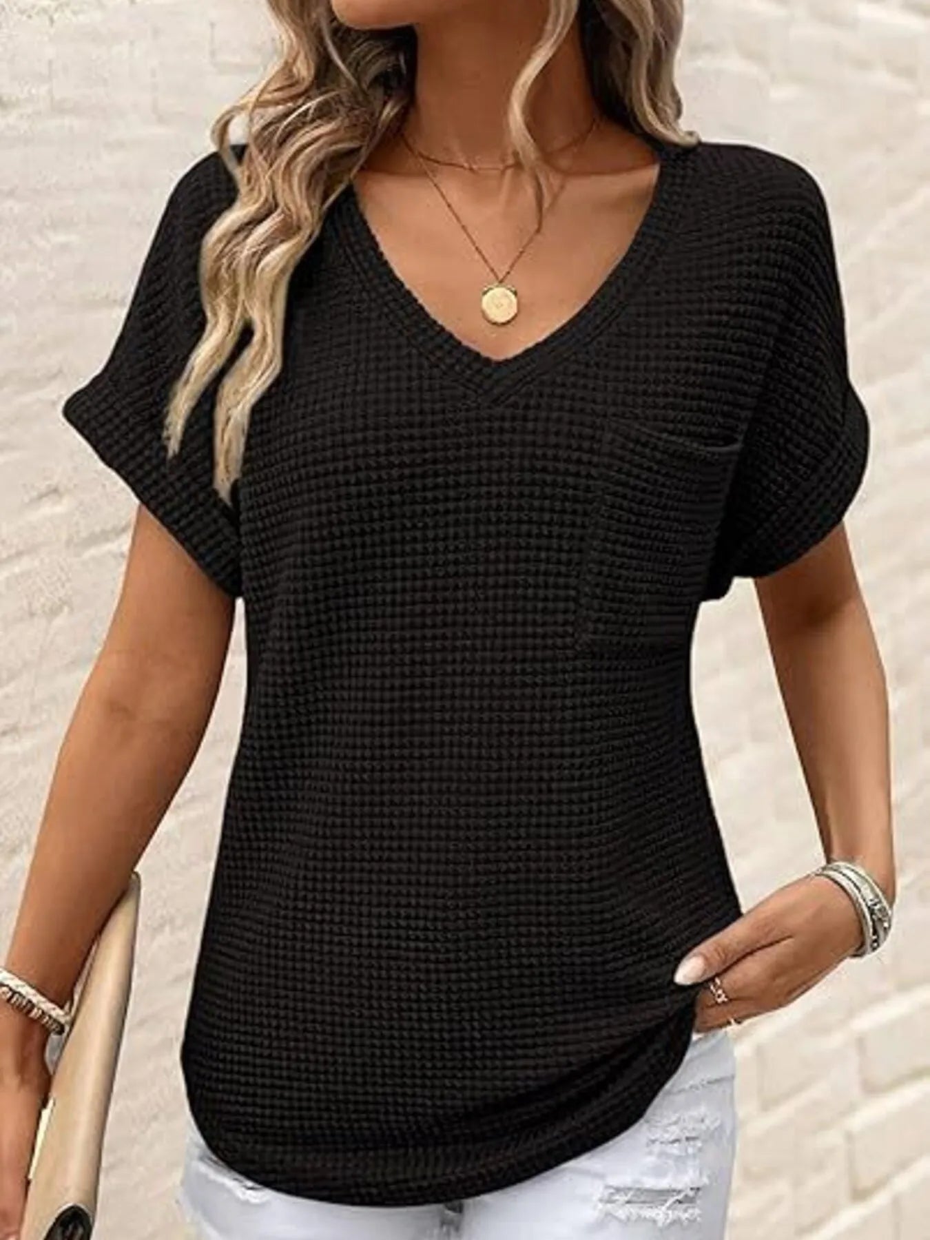 Waffle Knit V-Neck Casual T-Shirt