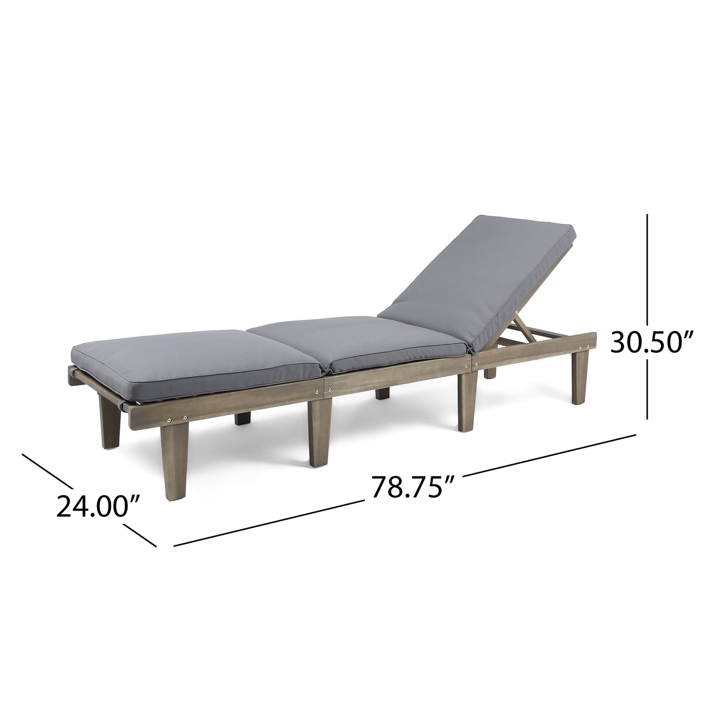 Outdoor Chaise Lounge Acacia Wood Gray Full-Length Cushion 78.75x24x30.5 In