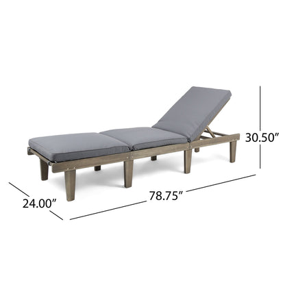 Outdoor Chaise Lounge Acacia Wood Gray Full-Length Cushion 78.75x24x30.5 In