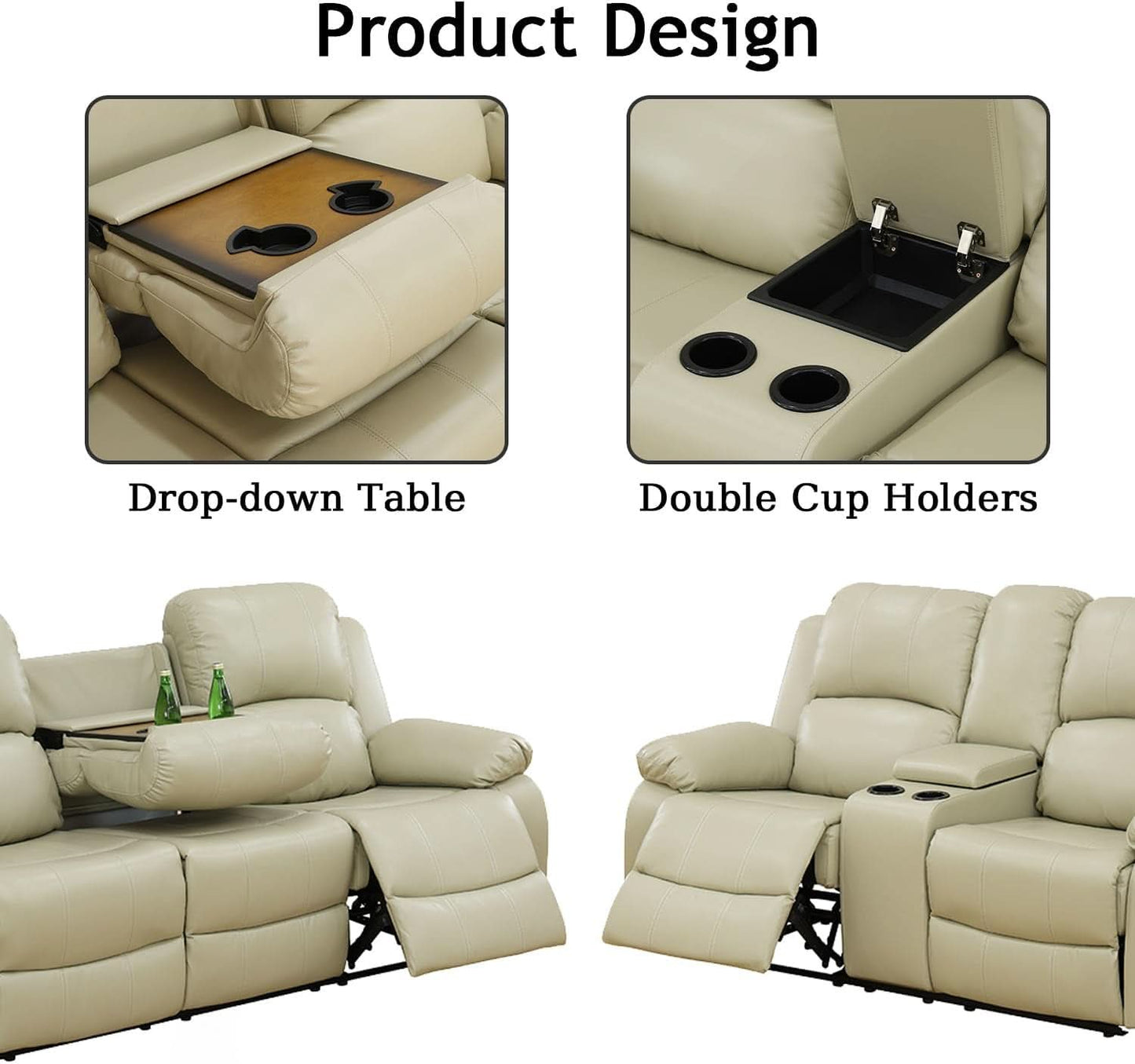 Beige Leather Recliner Sofa Set With Storage And Cup Holder