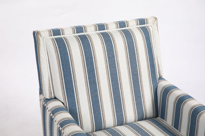 Accent Chair Vintage Striped Linen Blue White Nailhead Solid Wood Legs