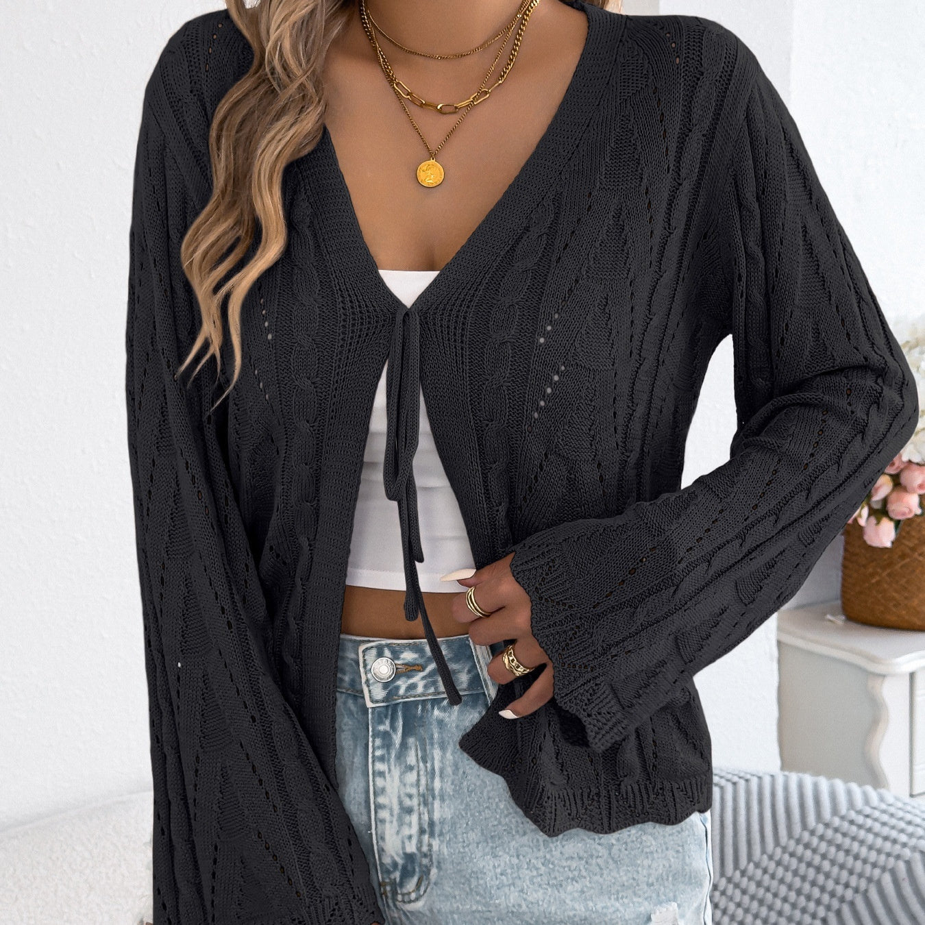 Solid-color Hollow-out Lace-up Flared-sleeve Knit Top For Women