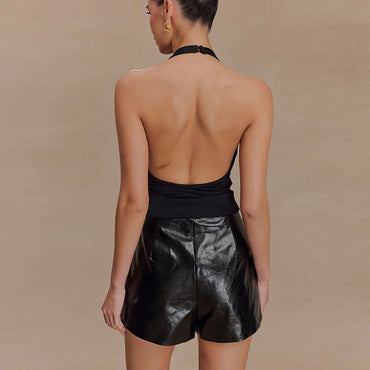 Women's Halter Top With Hollowed-Out Pleated Design And Open-Back Vest