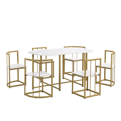 Modern 7-Piece Dining Table Set with Faux Marble Compact 55 In Kitchen Table Set for 6