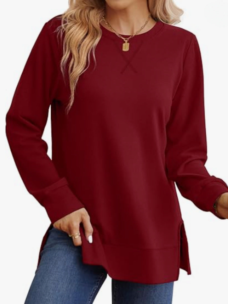 Womens Crew-Neck Long-Sleeve T-Shirt With Side Slits Casual Top