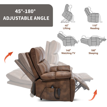Lift Recliner Chair Power Faux Leather Brown Dual Motor Heat Massage 350 LB