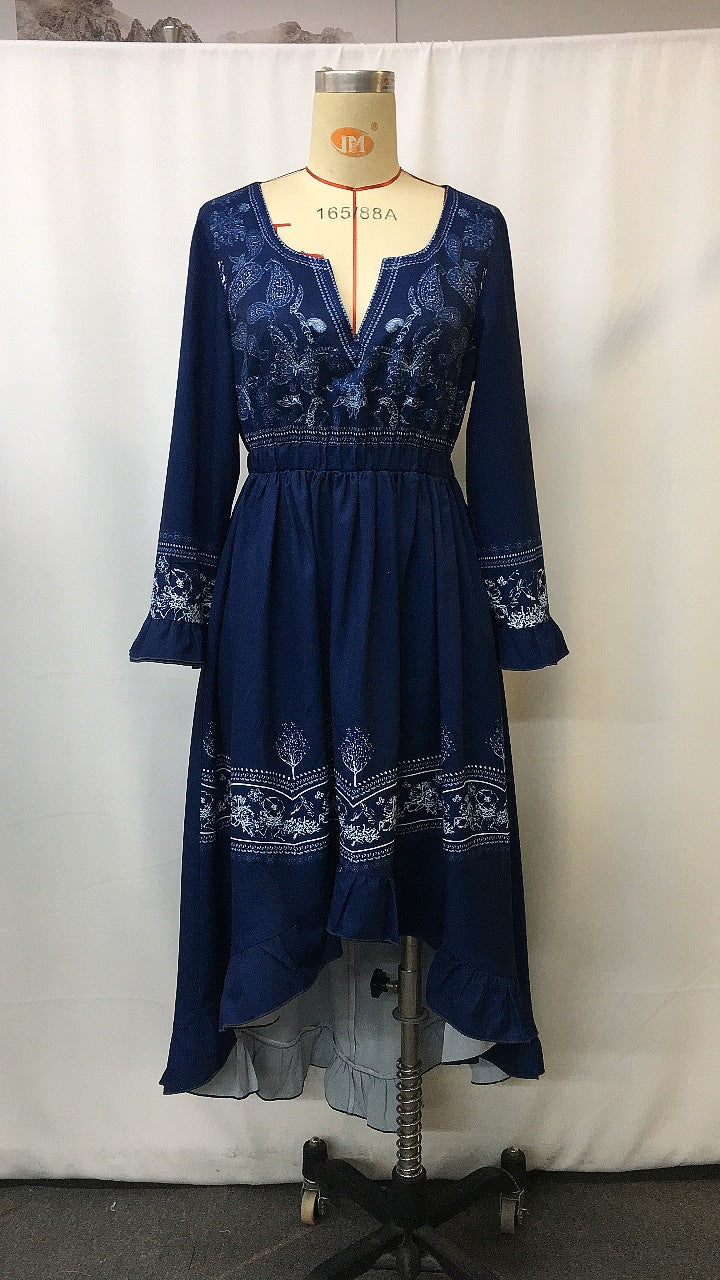 Denim Ethnic-Style Floral Print Lace-Up Vintage Dress