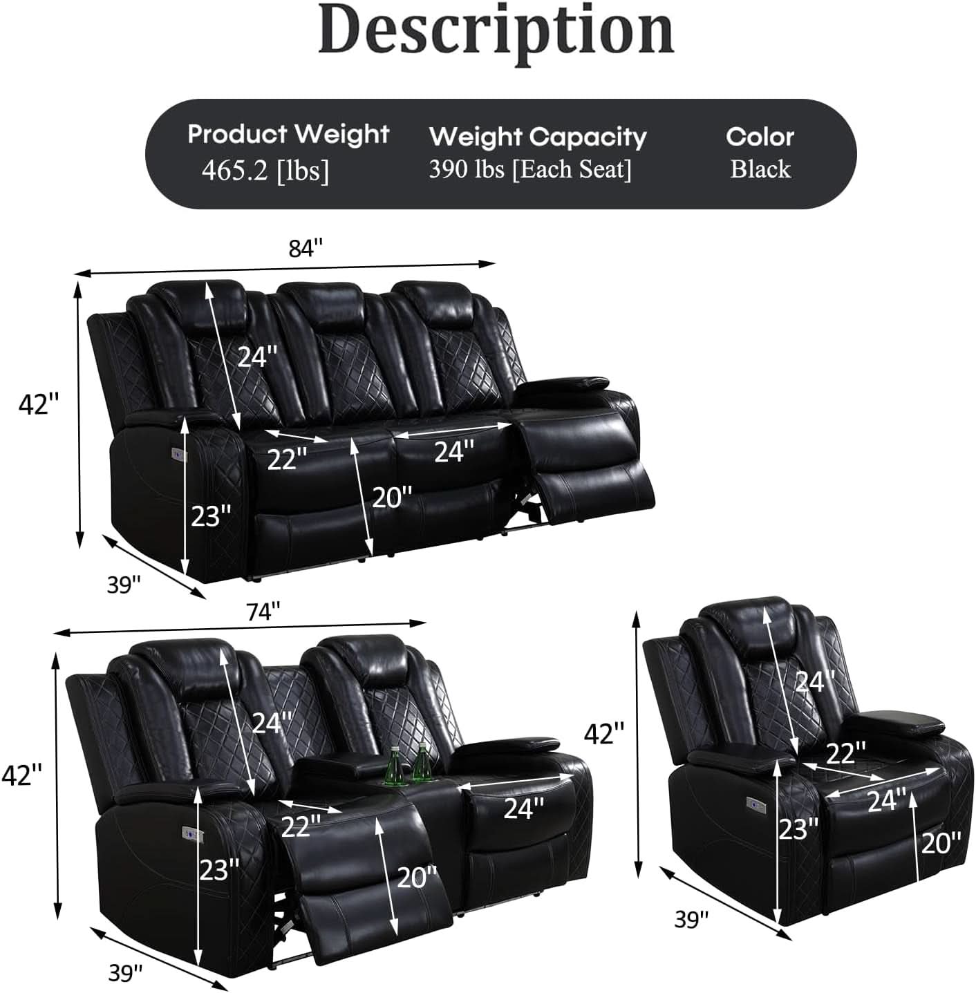 Black Leather Power Recliner Sofa Set With USB Ports