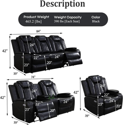 Black Leather Power Recliner Sofa Set With USB Ports