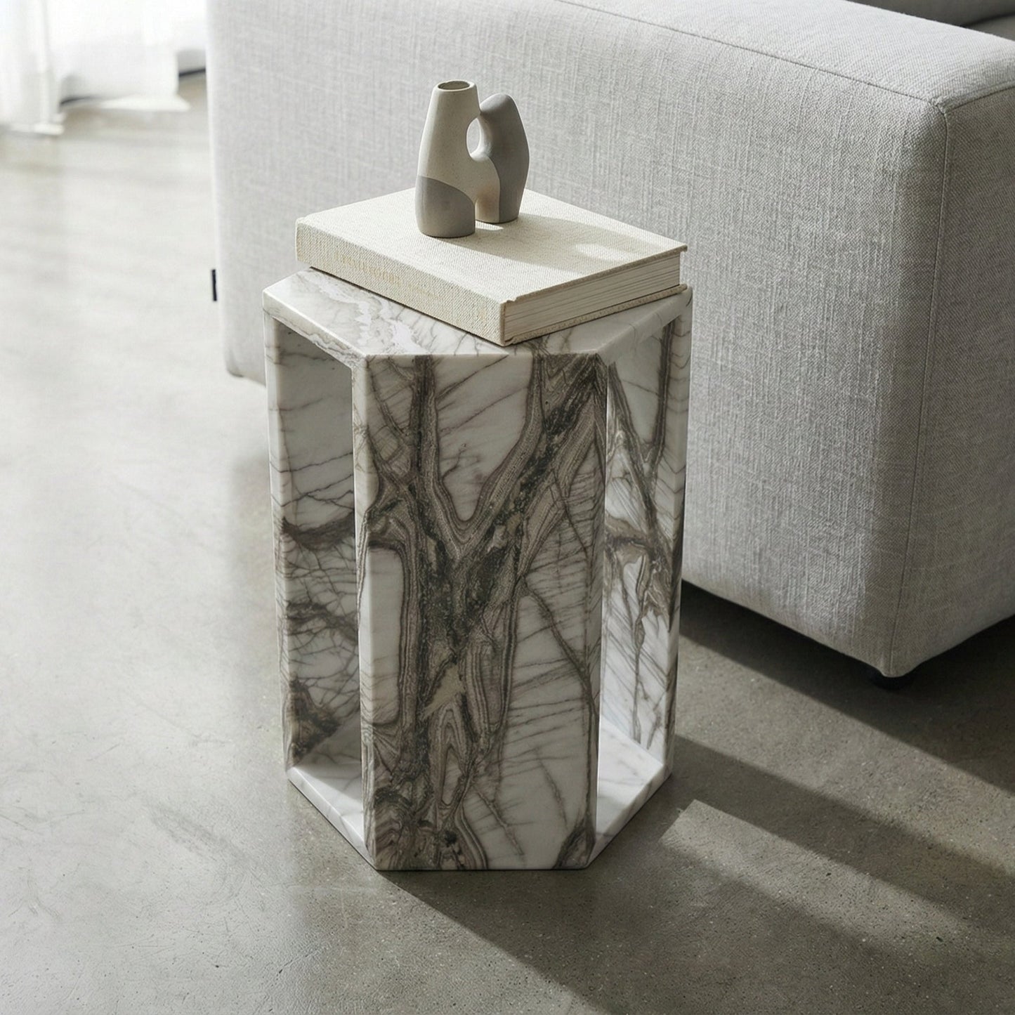 White Marble Hexagon Side Table, 15.7 in, Geometric Stone, Polished Pedestal