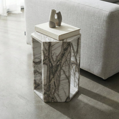 White Marble Hexagon Side Table, 15.7 in, Geometric Stone, Polished Pedestal