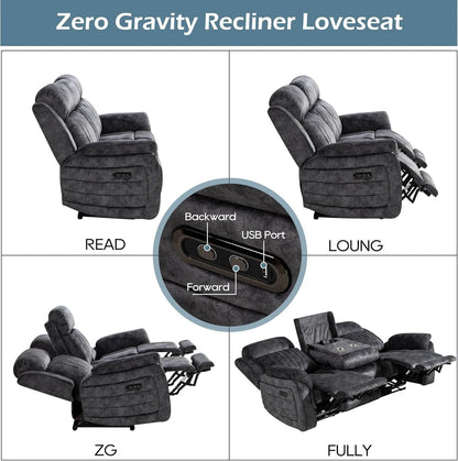 Grey Zero Gravity Reclining Sofa Set With Adjustable Headrest