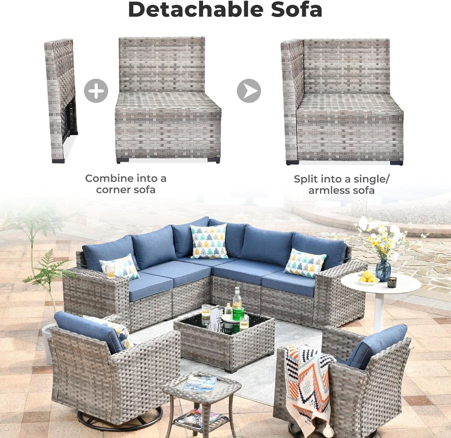Outdoor Wicker Sectional Sofa Set with Swivel Chairs