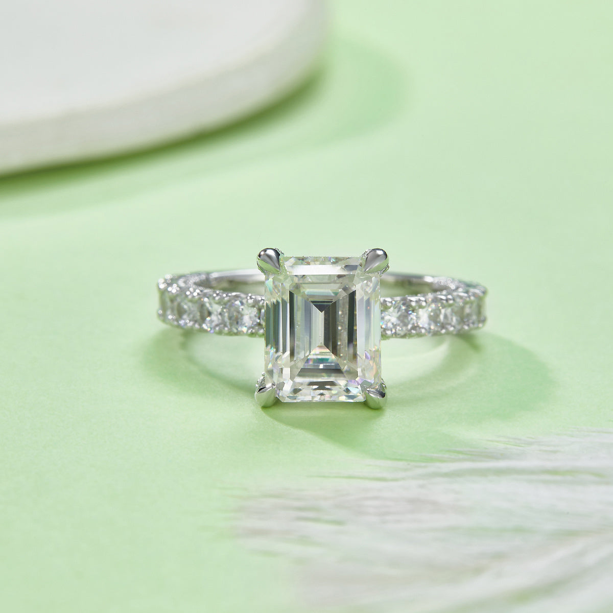 S925 Sterling Silver 4ct Emerald Cut Moissanite Ring, D-VVS1 Pave Band, Platinum Plated US Sizes 5-9, GRA Certified Jewelry Gift Box