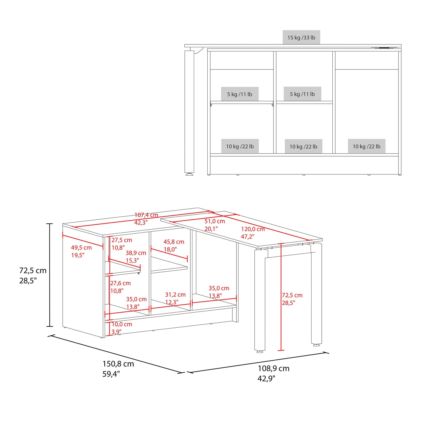 Rotable Desk 72-Inch Wide or Compact, Adjustable Workstation Two Directions
