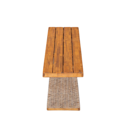 Outdoor Dining Set Acacia Wood Brown 3 Piece Table 2 Benches Rattan Legs