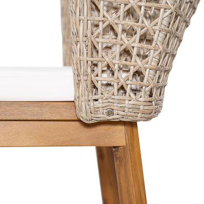 Outdoor Dining Set Acacia Wood Wicker Chair Teak Beige Cushion 7 Piece