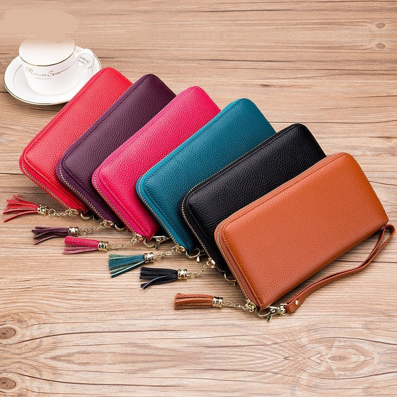 Tassel Top-grain Leather Zippered Womens Wallet
