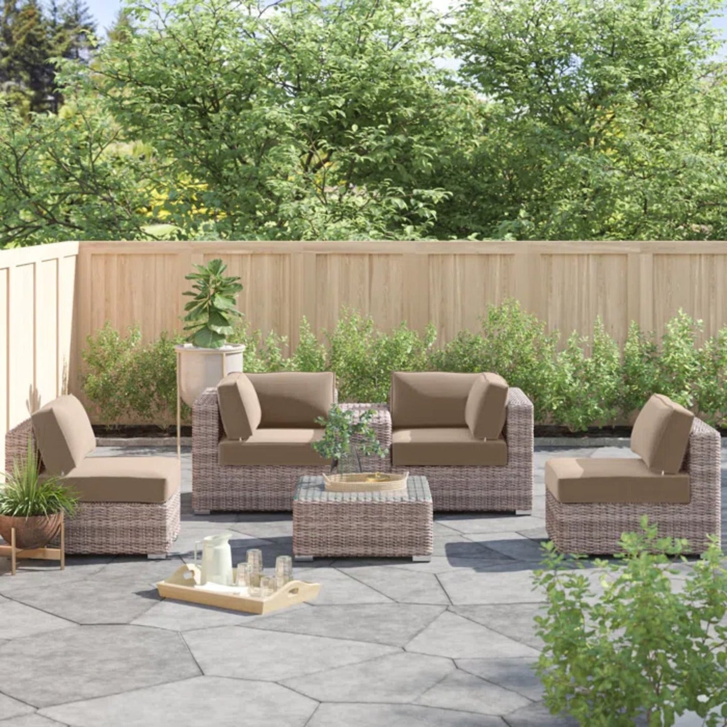 4 Piece Outdoor Patio Set HDPE Wicker Gray Cupholder Seats