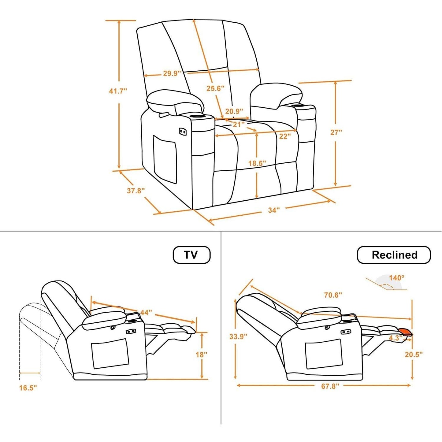 Fabric Electric Recliner Chair With Heat Remote Control
