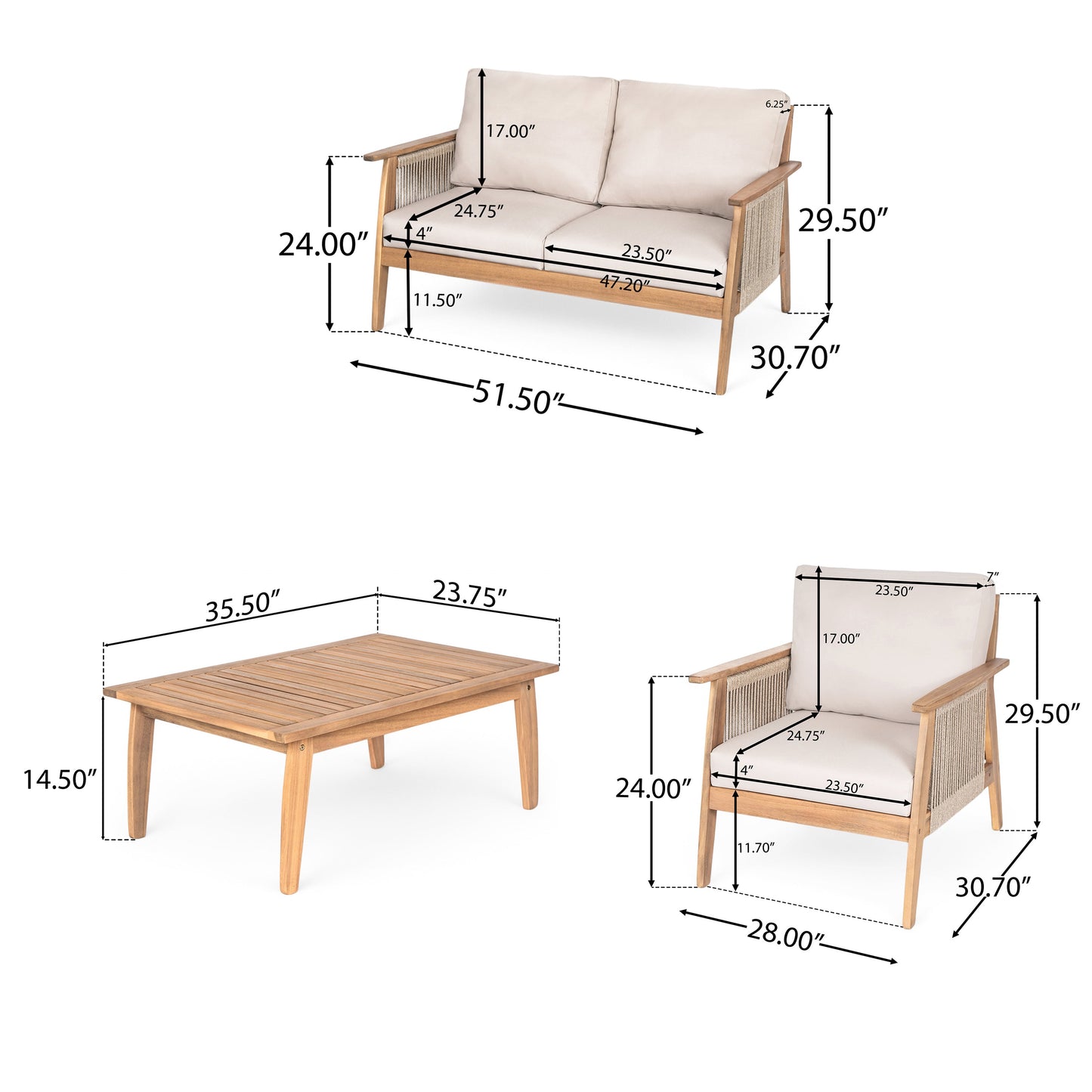 Outdoor Conversation Set 4 Piece Acacia Wood Rope
