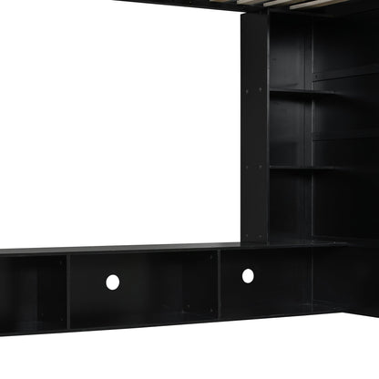 Twin Size Wood Loft Bed with Desk, Multi-storage Shelves and RGB Light, Green