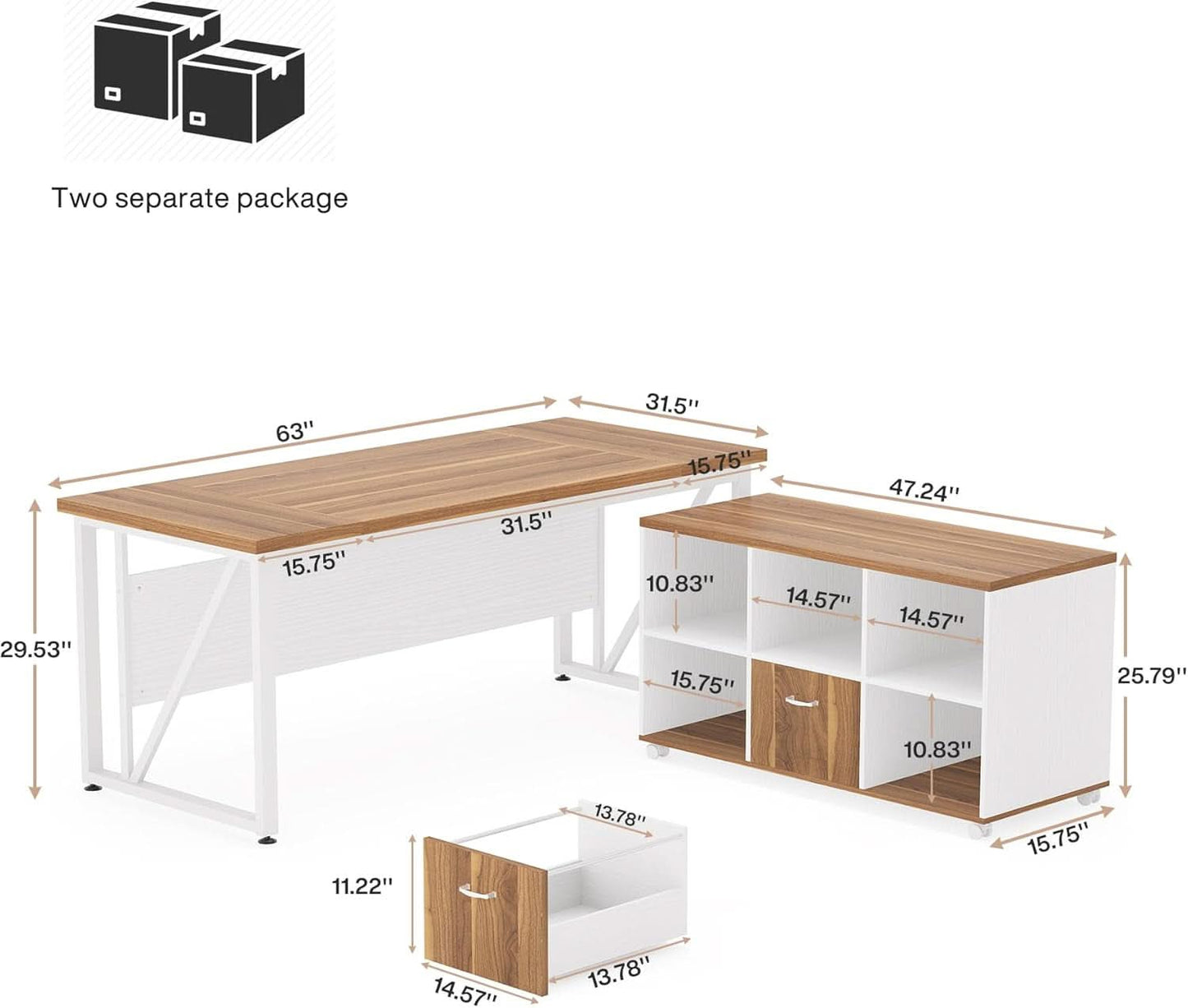63 Inch L Desk With File Cabinet Walnut White Finish