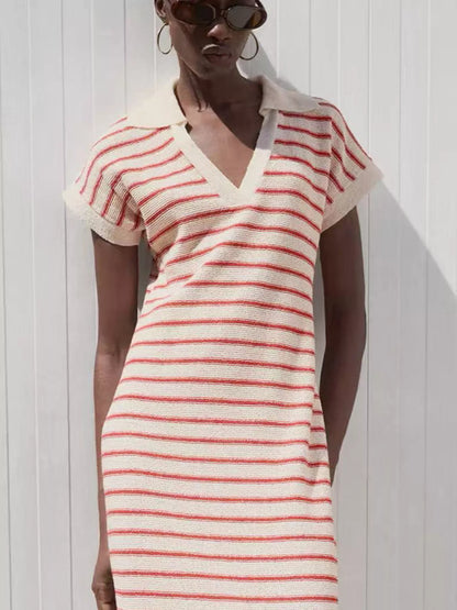 Striped Slit Short Sleeve Maxi Dress