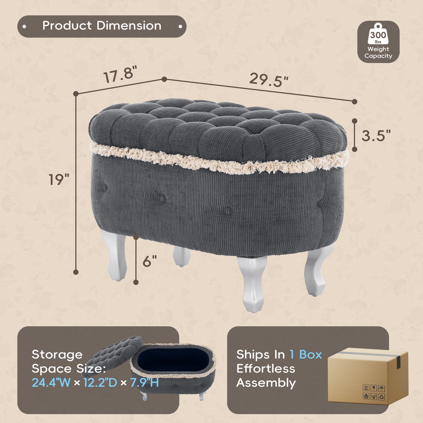 Storage Bench Tufted Gray Fabric Tassel Trim Flip Top 29.5x17.8x19 In
