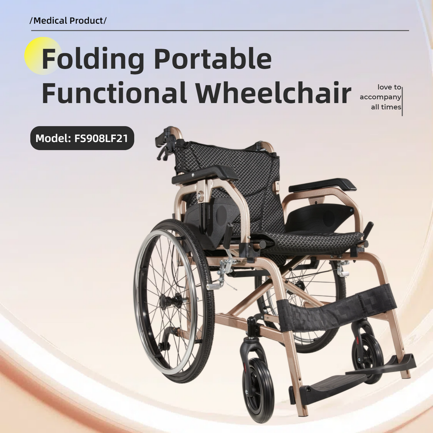 Wheelchair Manual Transport Folding Aluminum 18 In Seat 250 LB Gold Black
