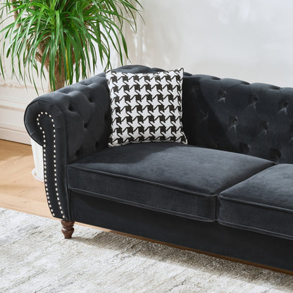 Loveseat Mid-Century Chesterfield Velvet Black 2 Seat Rolled Arms 67 In 450 LB