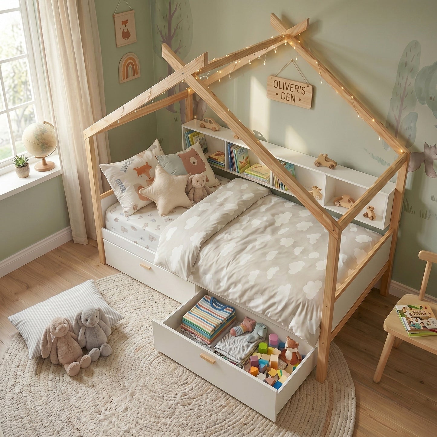 White Full Size Wooden House Bed with Two Drawers and Bookshelf Storage