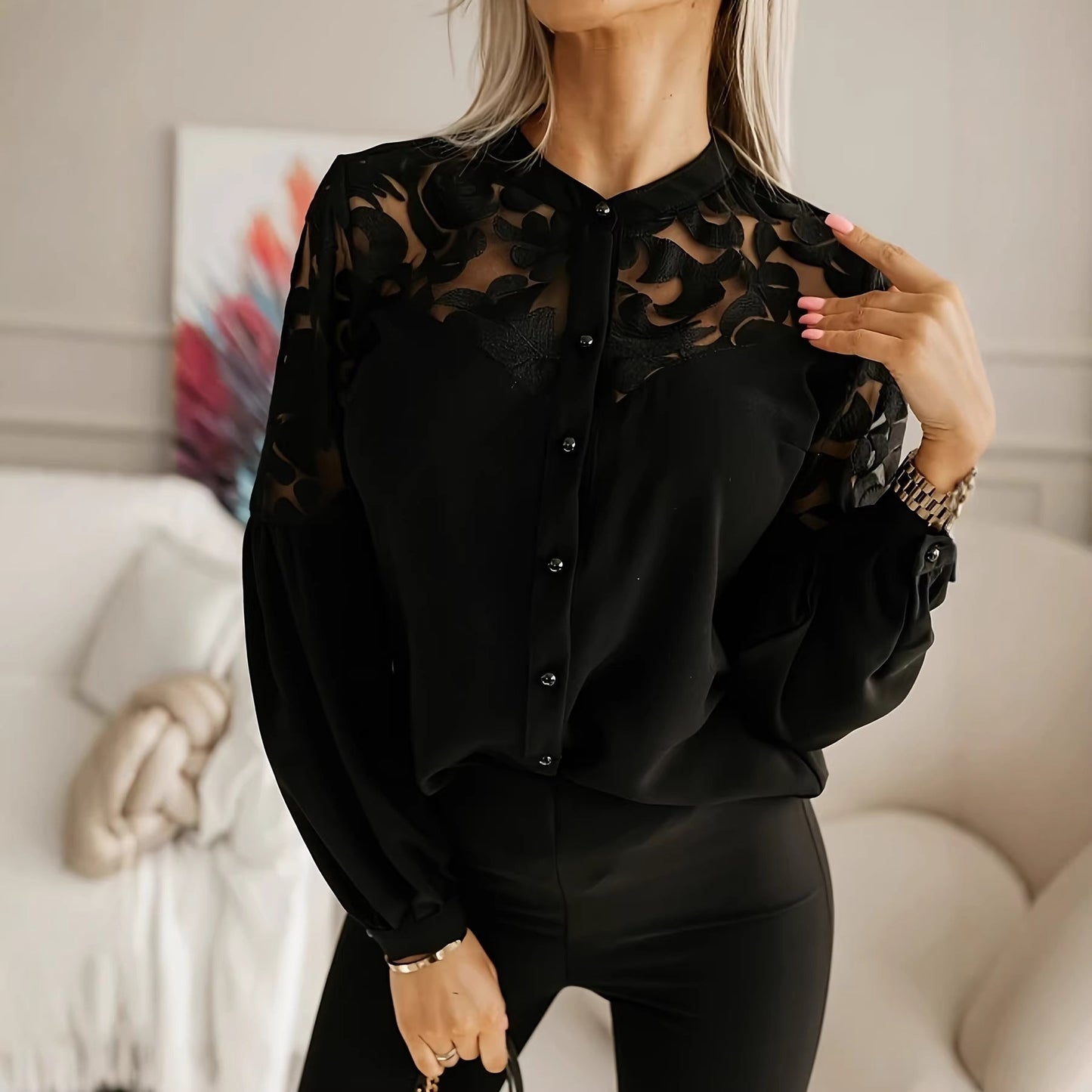 Stylish And Elegant Solid-color Casual Long-sleeve Shirt With A Hollow-out Design